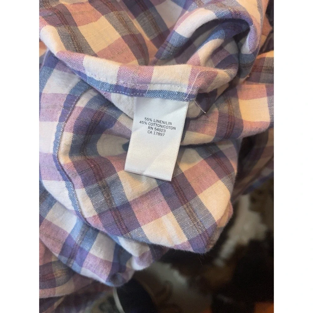 Banana Republic‎ Plaid Purple Blue Linen Cotton Mens Shirt Medium Roll Sleeve
